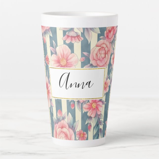 Tasse Latte Fleurs d'aquarelle rose sur bandes (Devant)
