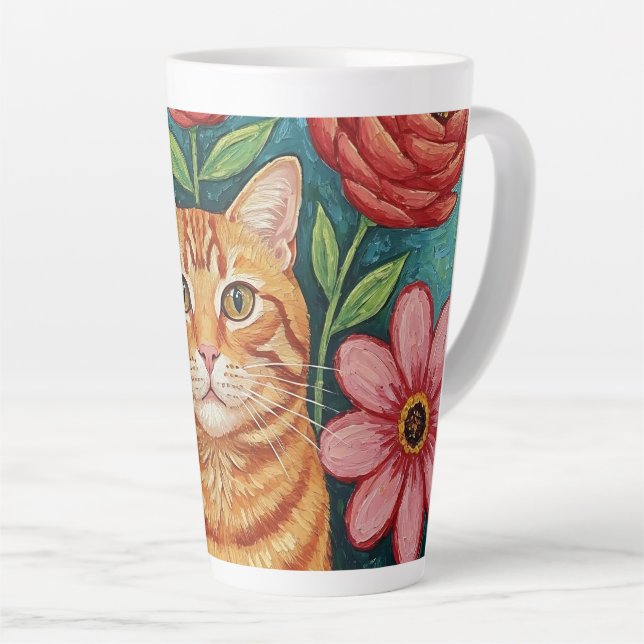 Tasse Latte Fleurs d'art populaire de chat orange (Angle droit)