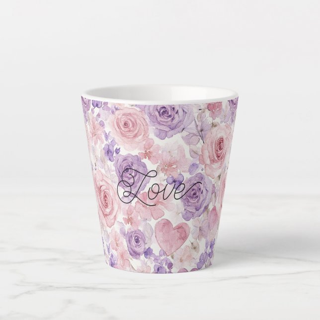 Tasse Latte Fleurs de cœurs de teint rose violet (Devant)