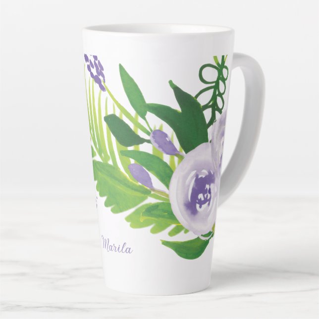 Tasse Latte Fleurs de couleur violette à l'aquarelle (Angle droit)