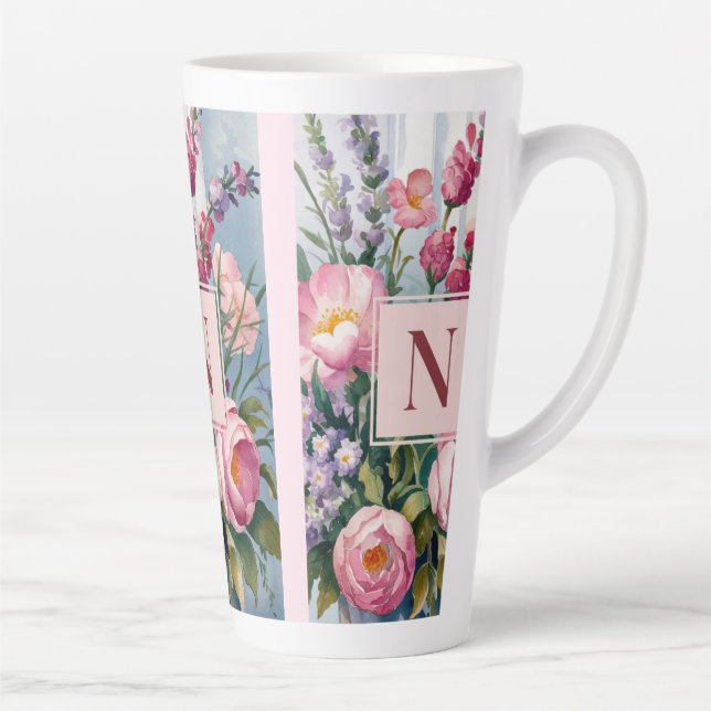 Tasse Latte Fleurs de Lavande Rose Aquarelle Moderne  (Droite)