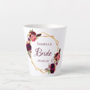 Tasse Latte Fleurs de mariée bordeaux or blanc géométrique