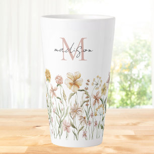 Tasse Latte Fleurs de prairie sauvage à aquarelle monogrammée