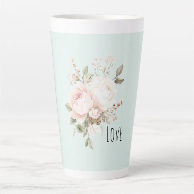 Tasse Latte Fleurs de rose blanches roses saumonées menthe (Devant)