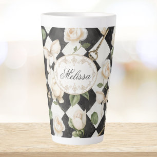 Tasse Latte Fleurs de rose vintage en diamant noir et blanc Mo