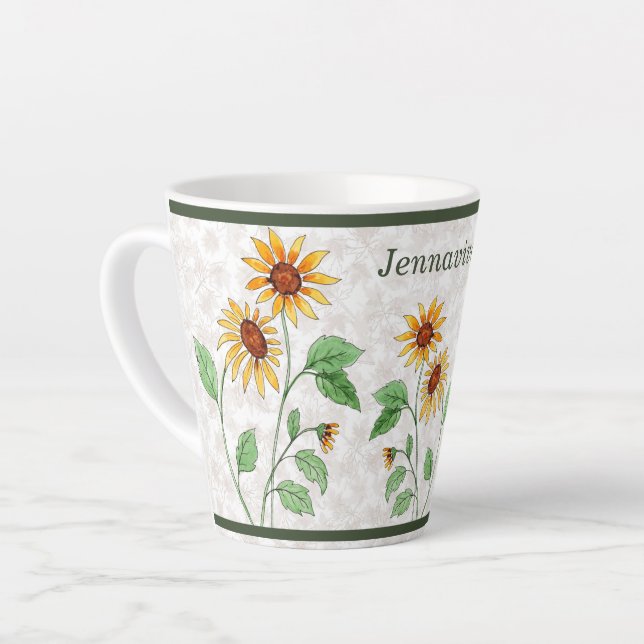 Tasse Latte Fleurs de soleil personnalisées sur les Feuilles d (Angle gauche)