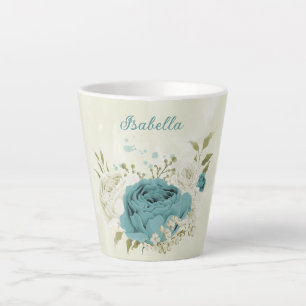 Tasse Latte fleurs de verdure blanches bleues
