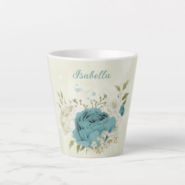 Tasse Latte fleurs de verdure blanches bleues  (Devant)