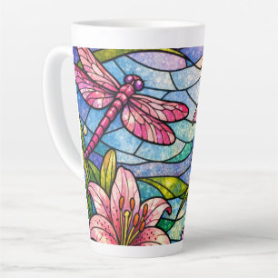 Tasse Latte Fleurs de verre teinté de lys et libellules roses