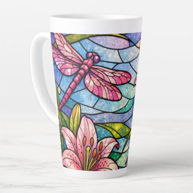 Tasse Latte Fleurs de verre teinté de lys et libellules roses (Angle gauche)