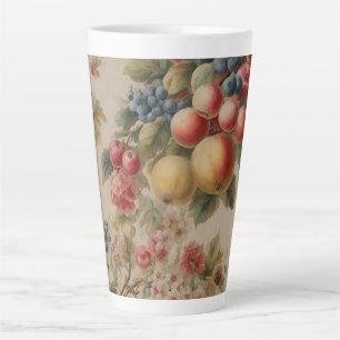 Tasse Latte Fleurs Délicates et Fruits Français. Style Peint