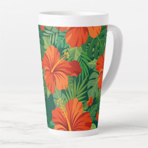 Tasse Latte Fleurs d'Hibiscus Rouge Orange Vert Feuillage de l