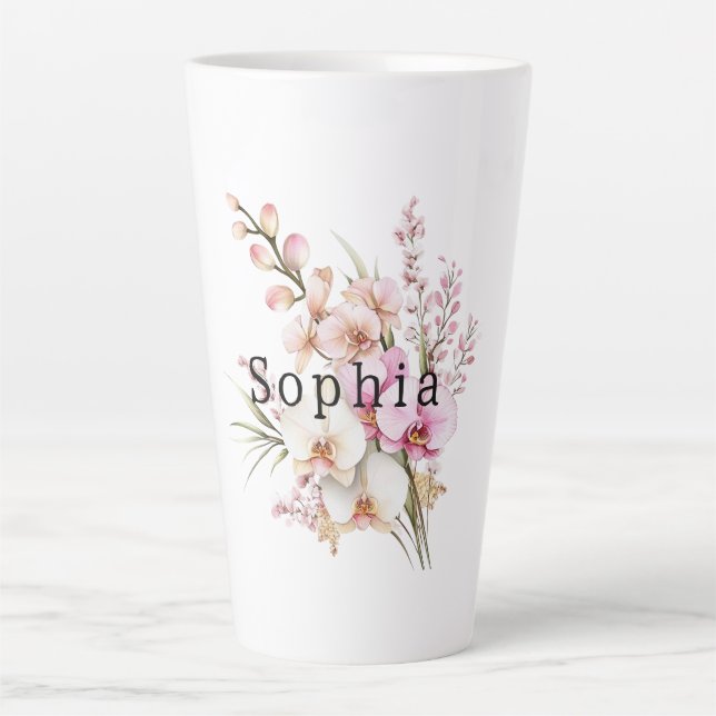 Tasse Latte Fleurs d'orchidée rose tropicale Anniversaire (Devant)