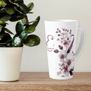 Tasse Latte Fleurs d'orchidées blanches délicates Monogramme