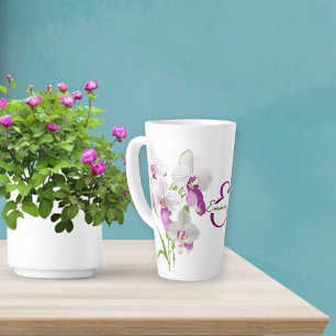Tasse Latte Fleurs d'orchidées blanches délicates Monogramme