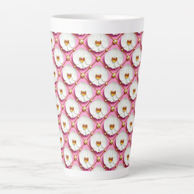 Tasse Latte Fleurs d'orchidées blanches sur fond rose avec or (Devant)