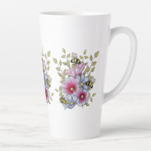 Tasse Latte Fleurs et abeilles, art botanique à main levée