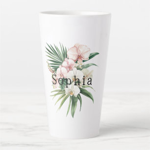 Tasse Latte Fleurs Feuilles de l'orchidée rose tropical Annive