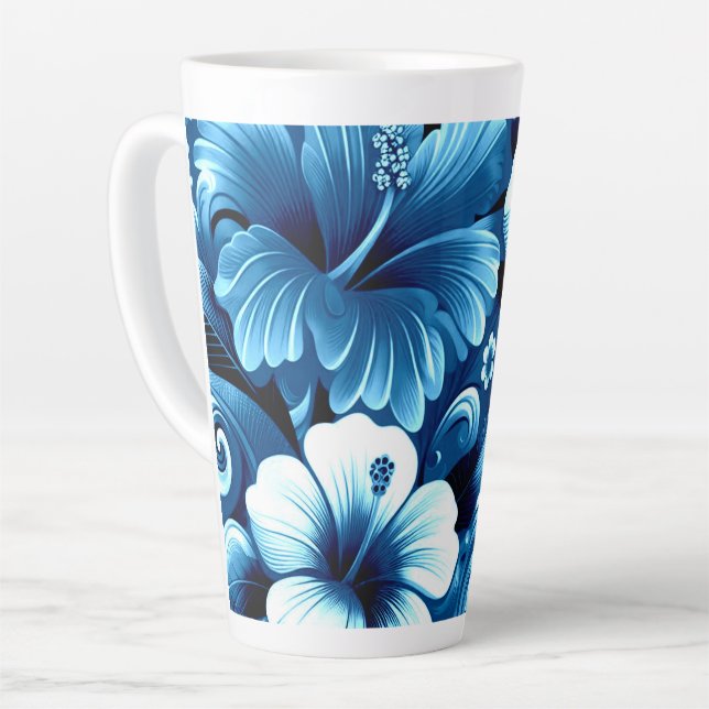 Tasse Latte Fleurs hawaïennes tropicales Hibiscus Motif bleu (Angle gauche)