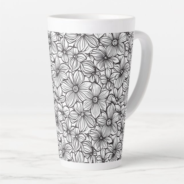 Tasse Latte Fleurs Noir Blanc (Angle droit)