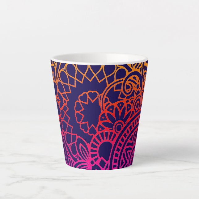 Tasse Latte Fleurs orange violet et fond bleu marine (Devant)