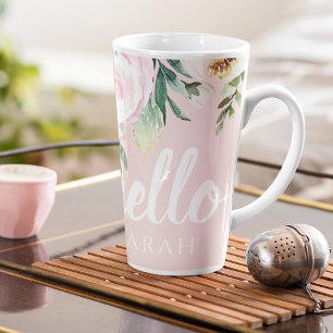 Tasse Latte Fleurs Pastel Rose Moderne Bonjour Et Vous Nom
