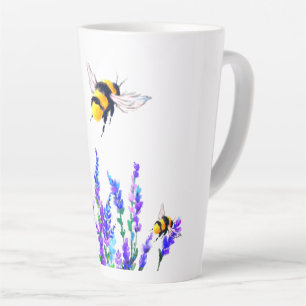 Tasse Latte Fleurs printanières et abeilles volant en latte