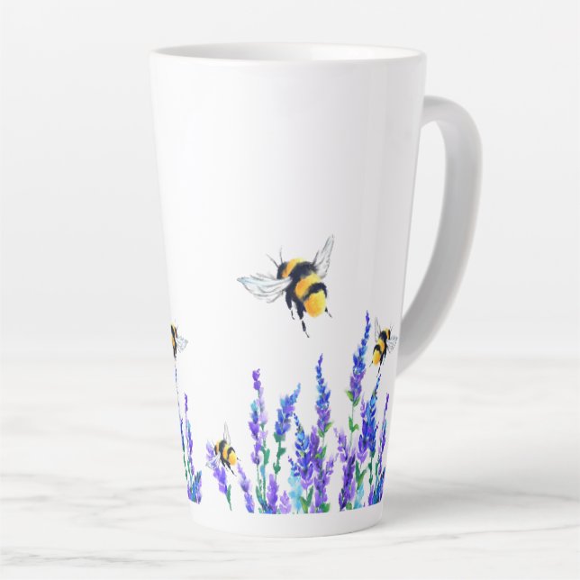 Tasse Latte Fleurs printanières et abeilles volant en latte (Angle droit)