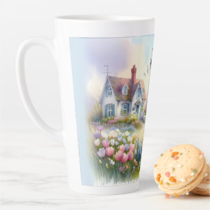 Tasse Latte Fleurs printanières près d'un cottage côtier et d'