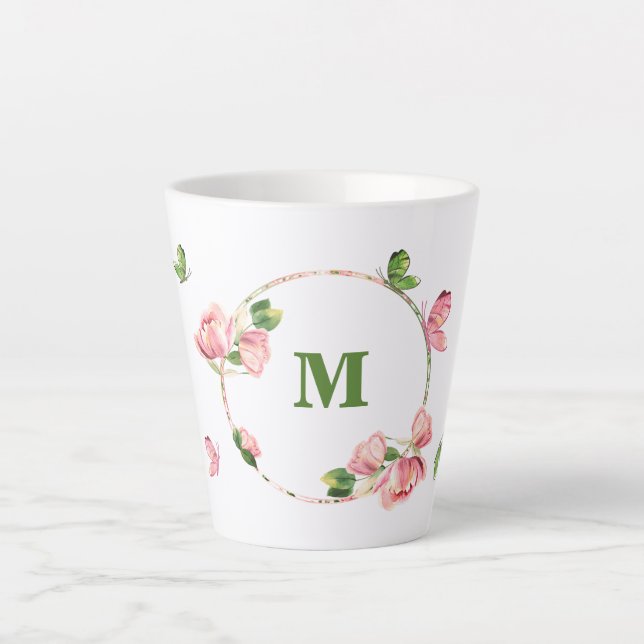Tasse Latte fleurs rose chaud verdure papillons  (Devant)
