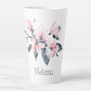 Tasse Latte Fleurs rose et gris Aquarelle classique