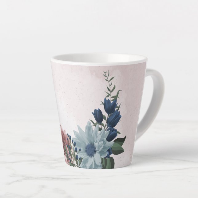 Tasse Latte Fleurs roses bleues romantiques verdure (Angle droit)