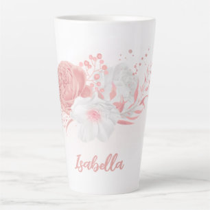 Tasse Latte fleurs roses et blanches romantiques