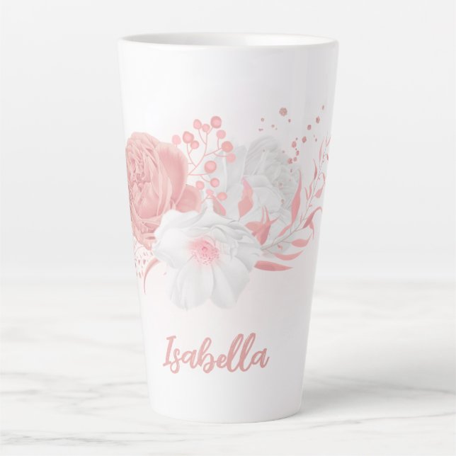 Tasse Latte fleurs roses et blanches romantiques (Devant)