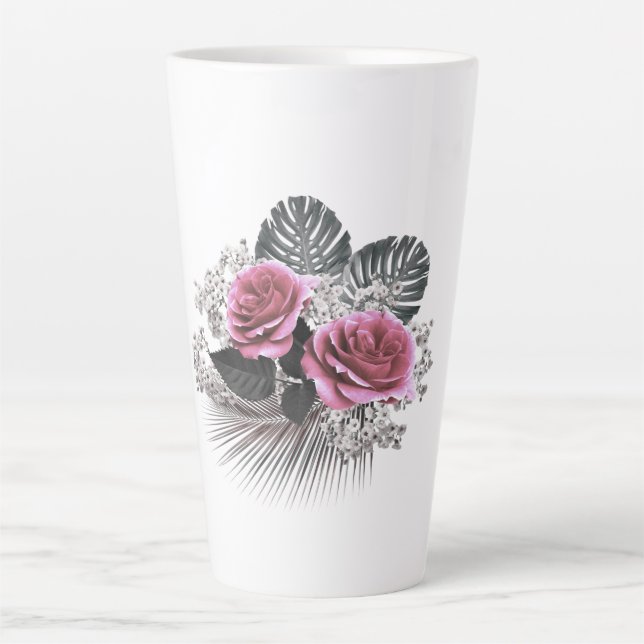 Tasse Latte Fleurs roses Feuilles tropicaux (Devant)