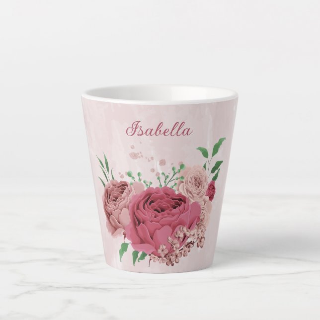 Tasse Latte fleurs roses feuilles vertes  (Devant)