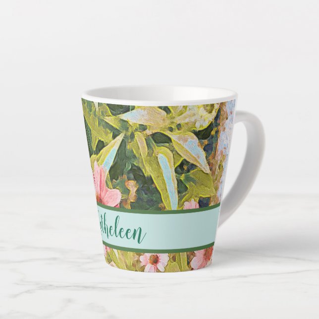 Tasse Latte Fleurs roses Feuilles verts Nom Personnaliser (Angle droit)