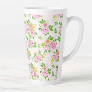 Tasse Latte Fleurs Roses florales avec Motif Feuille vert