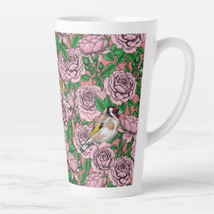 Tasse Latte Fleurs roses roses et oiseaux dorés