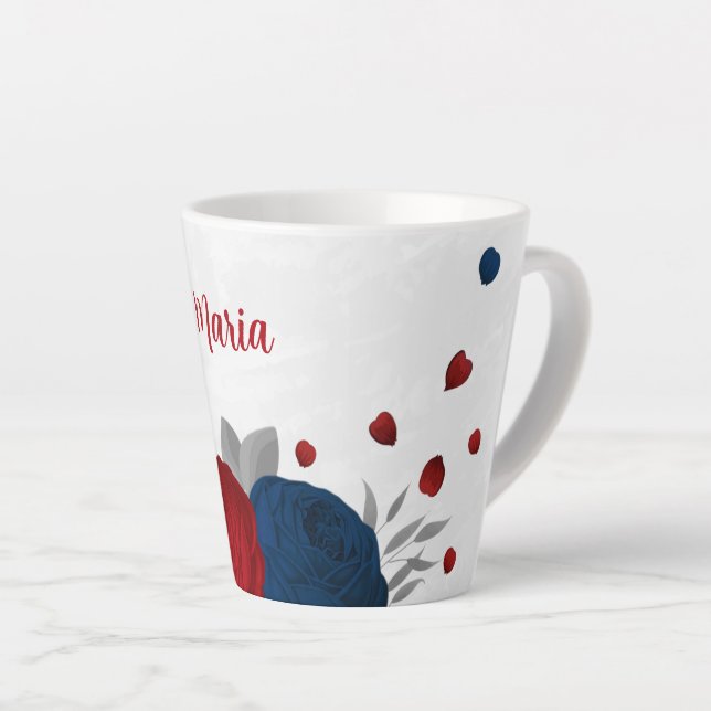 Tasse Latte fleurs rouges et bleu marine argentées botaniques  (Angle droit)