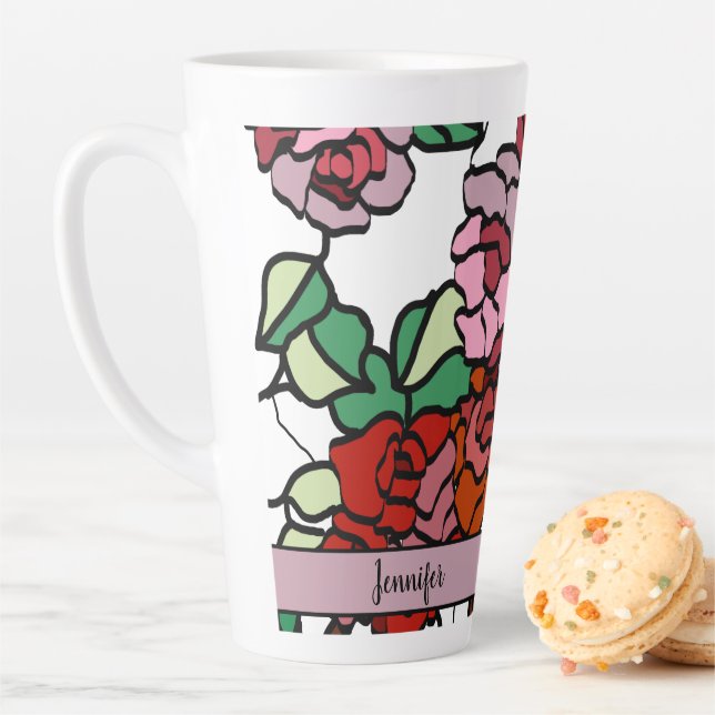 Tasse Latte Fleurs rouges roses brillantes et modernes (En situation)