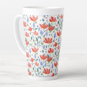 Tasse Latte Fleurs sauvages aquarelle en rouge et bleu doux