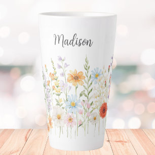 Tasse Latte Fleurs sauvages botaniques aquarelle monogramme