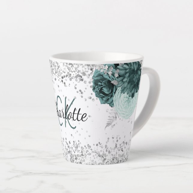 Tasse Latte Fleurs vert argent élégant nom monogramme (Angle droit)