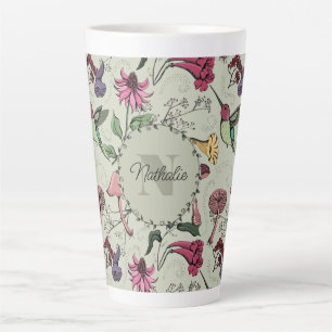 Tasse Latte Fleurs vertes et Monogramme de colibris à la mode 