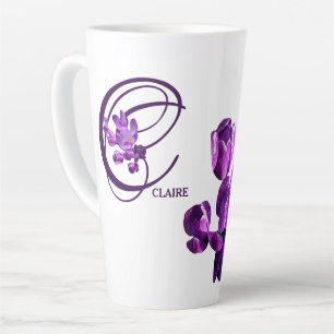 Tasse Latte Fleurs violettes monogramme Nom Claire personnalis