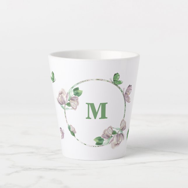 Tasse Latte fleurs violettes verdure papillons  (Devant)