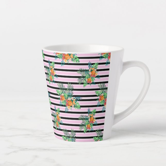 Tasse Latte Floral Black and Pink Stripes (Droite)