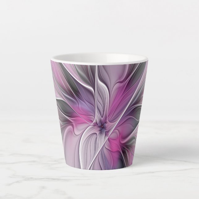 Tasse Latte Floral Fractal moderne Fleur Abstraite rose gris (Devant)