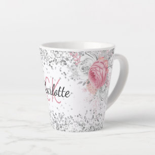 Tasse Latte Flores rose argent élégant nom monogramme